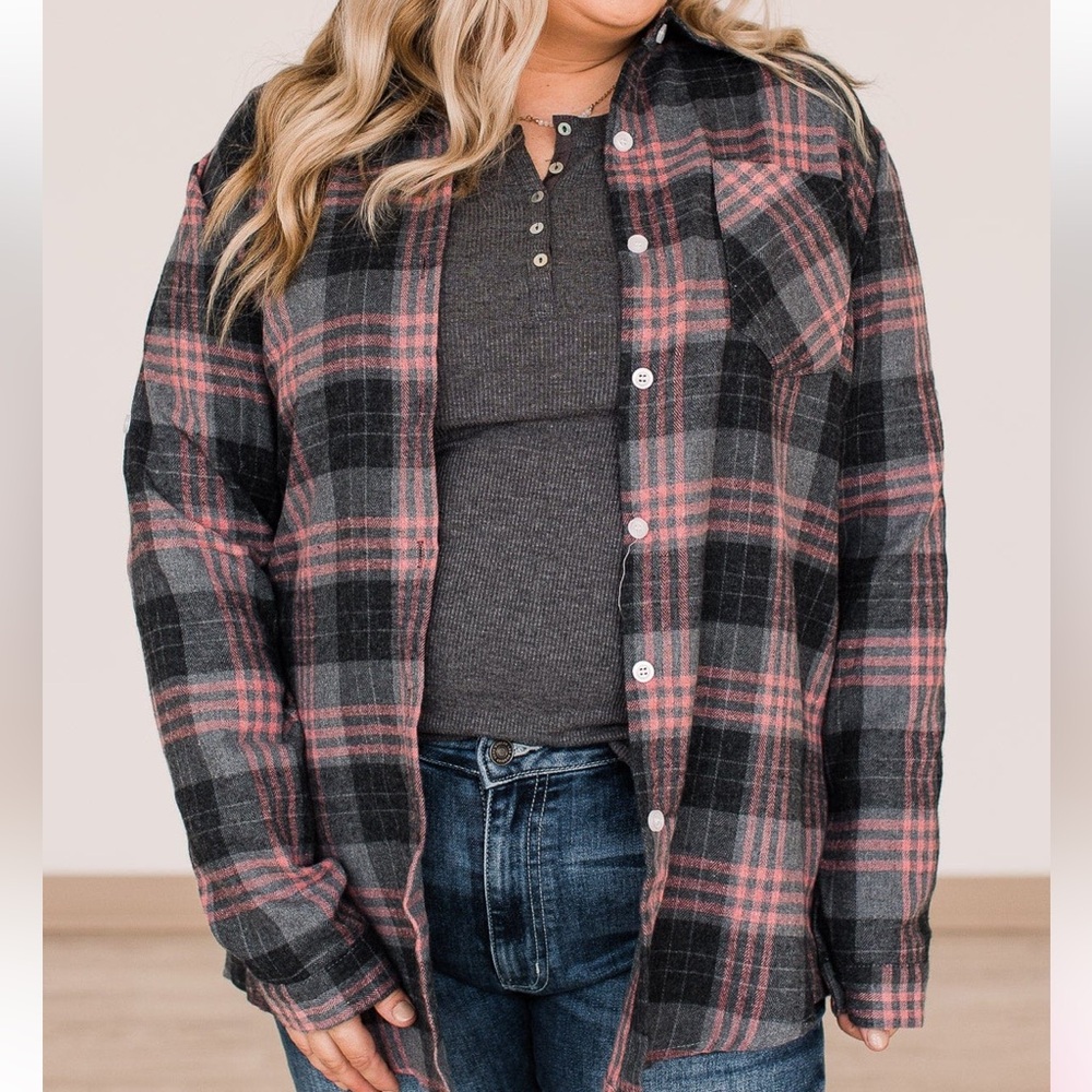 Adora Falling for Your Smile Plaid Flannel - Grey and Pink